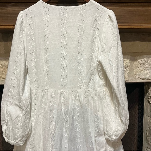 White Long-Sleeve Button-Front Maxi Dress with Eyelet Embroidery - Picture 10 of 11